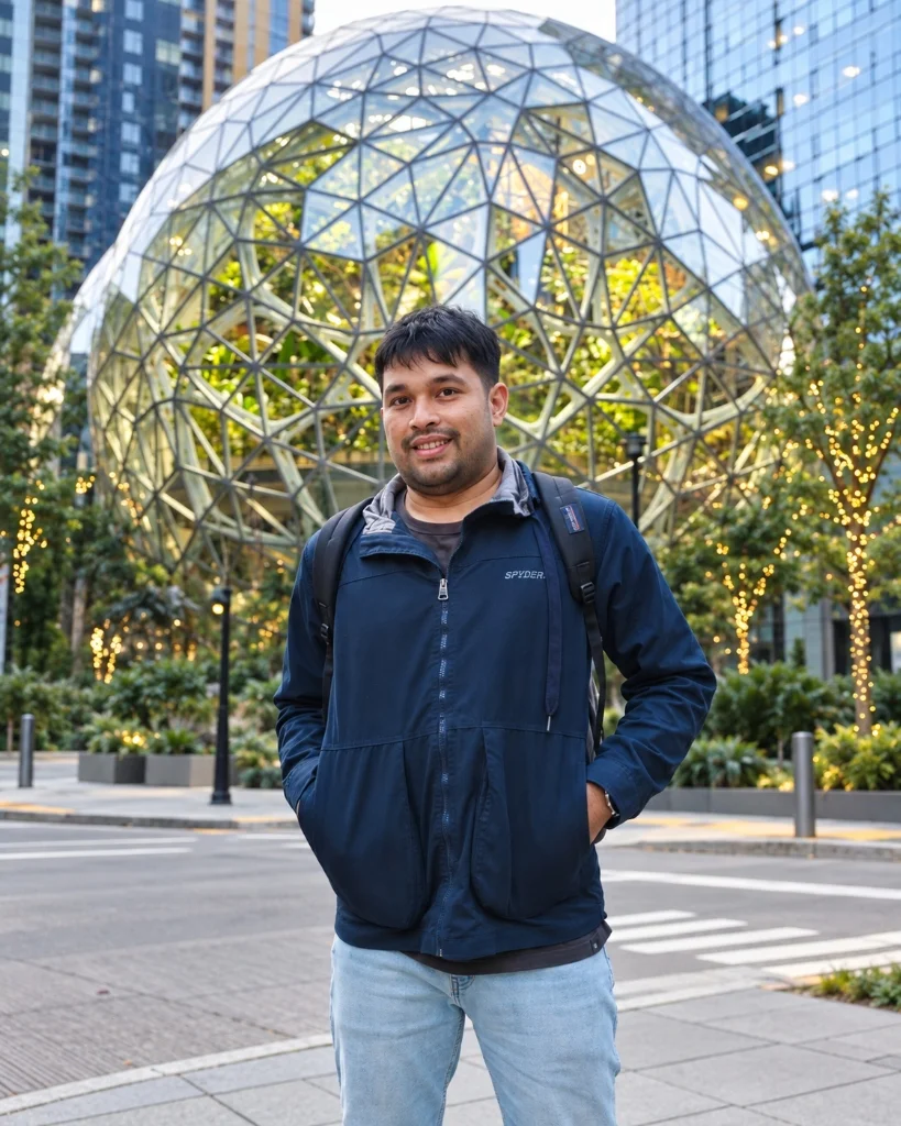 Azmi Muwahid outside the Amazon Spheres in Seattle