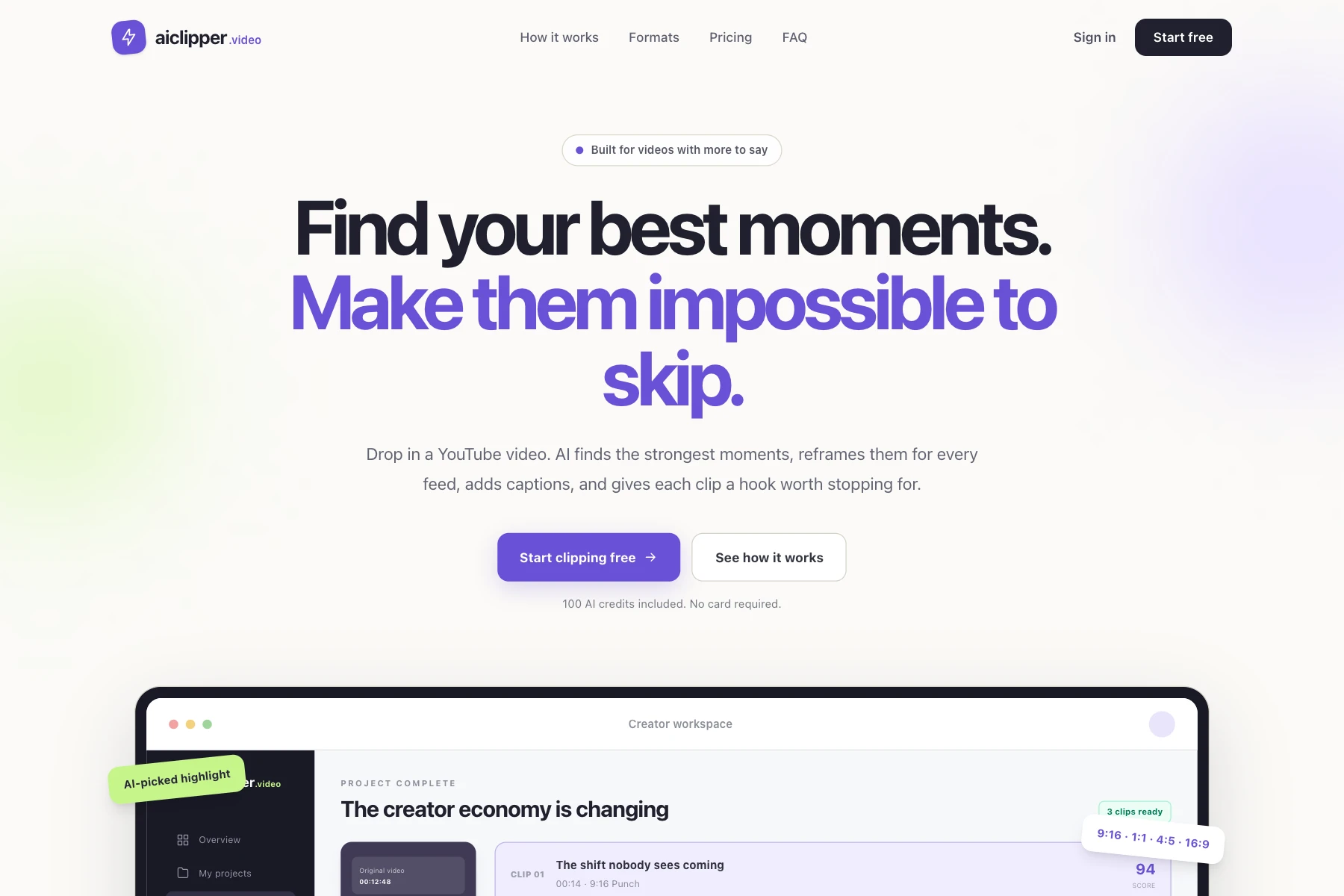 Screenshot of AIClipper's live homepage showing its video clipping hero and navigation.