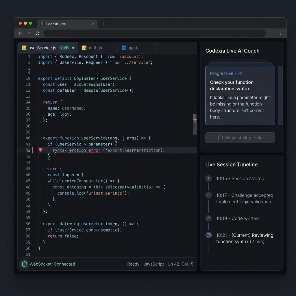 Generated product visualization of Codexia Live's coding workspace, progressive hints, and session timeline.