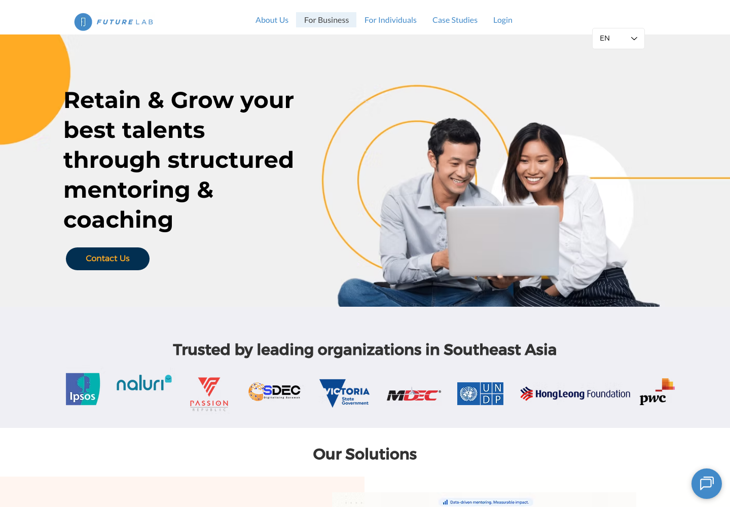 FutureLab mentoring platform homepage showing its business mentoring and coaching product.