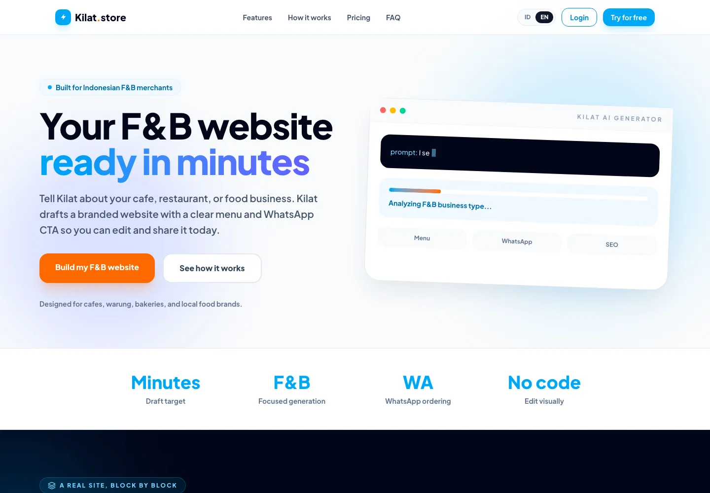 Live Kilat.store homepage showing its F&B website generator.