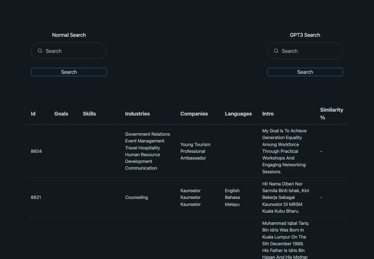Live AI Mentor Matcher prototype comparing keyword search with semantic search.