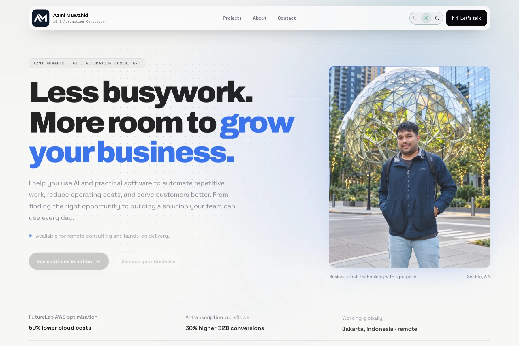 Current Azmi Muwahid portfolio homepage with Projects navigation, business-focused introduction, and portrait.